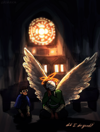 This is a drawing of Dream XD and George in a dark church-like building. The only light source comes from a giant stained glass window at the back of the drawing. In the foreground, Dream XD is drawn a bit more humanoid but still with multiple arms, begging George and asking 'Did I do good?' George sits next to him looking amused.